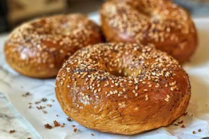 Pumpkin sourdough bagels with creamy pumpkin spice topping on a wooden board.
