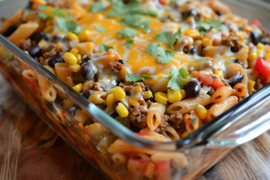 Delicious taco pasta dish with colorful toppings and pasta in a bowl