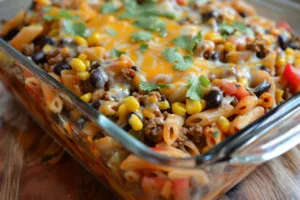 Delicious taco pasta dish with colorful toppings and pasta in a bowl