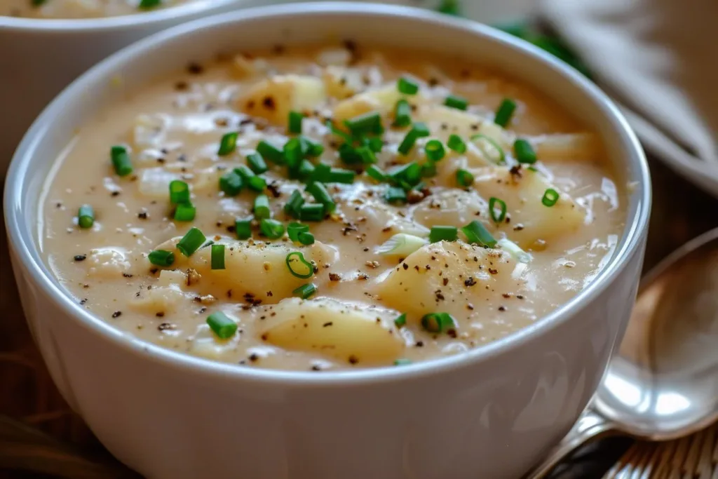 Bowl of ultimate creamy potato soup garnished with chives and served with bread