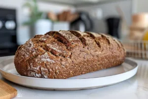 Loaf of traditional Swedish Limpa Bread with dark brown crust and spices.