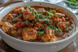 Delicious Tuscan Chicken Stew served in a rustic bowl with fresh herbs.