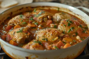 Delicious Tuscan Chicken Stew served in a rustic bowl with fresh herbs