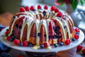 A delicious White Chocolate Berry Bundt Cake with fresh berries and white chocolate drizzle.