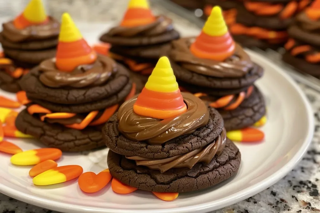 Delicious Witch Hat Cookies decorated with chocolate and candy corn