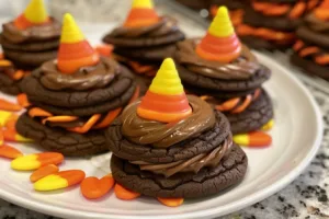 Delicious Witch Hat Cookies decorated with chocolate and candy corn