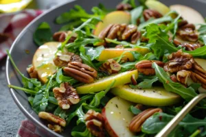 Fresh Apple Arugula Salad with Maple Pecans served in a bowl.