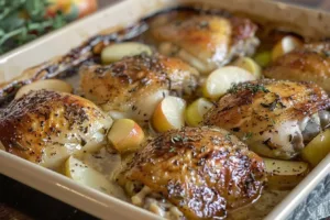 Delicious Apple Cider Chicken on a plate garnished with herbs.
