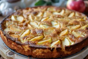 Delicious homemade apple cinnamon cake topped with cinnamon icing and fresh apples