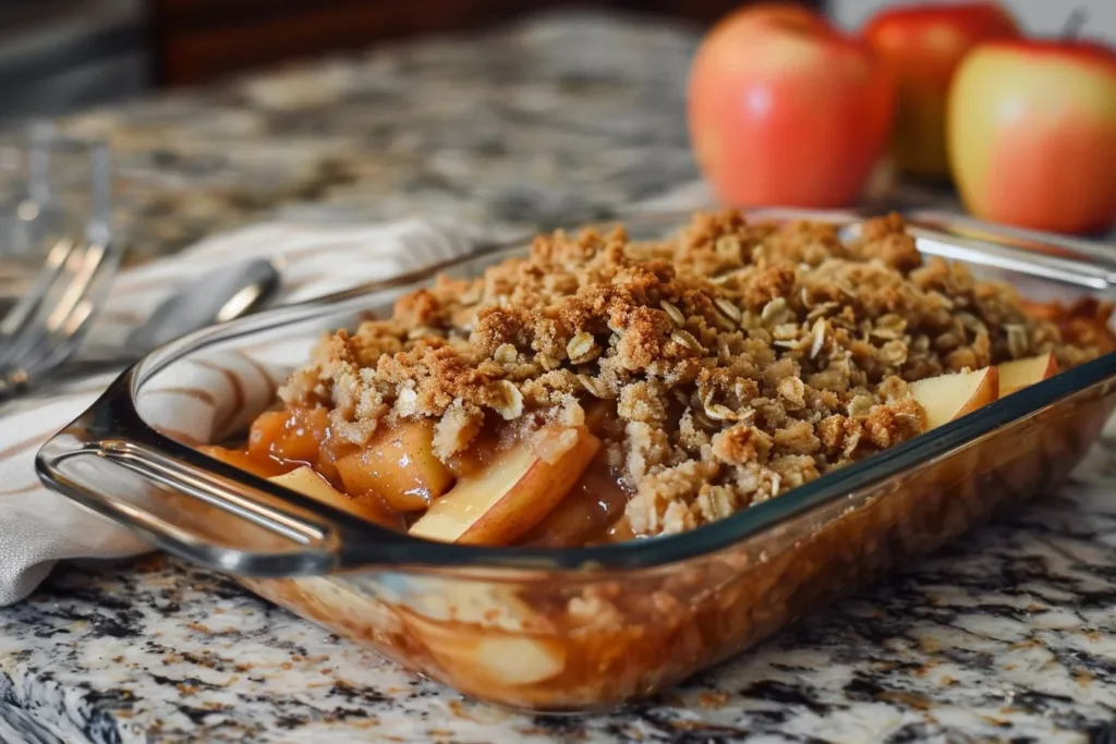 Delicious homemade apple crisp dessert topped with crispy oat crust.