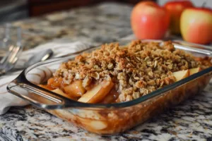Delicious homemade apple crisp dessert topped with crispy oat crust.