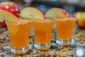 Delicious apple pie jello shots served in clear cups with cinnamon garnish