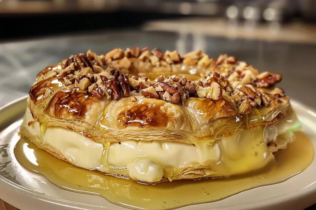 Deliciously melted Baked Brie served with fruits and nuts on a rustic board