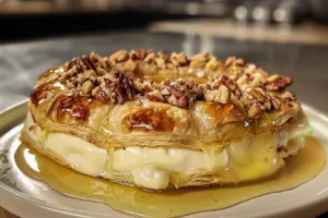 Deliciously melted Baked Brie served with fruits and nuts on a rustic board
