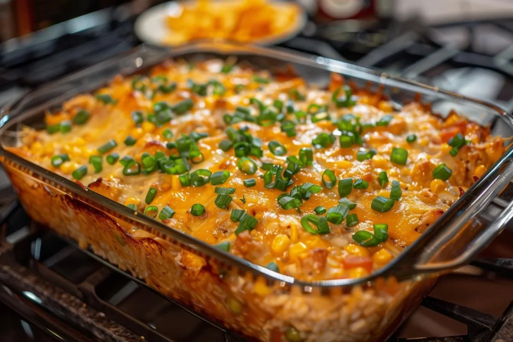 BBQ Ranch Chicken Casserole topped with cheese and green onions in a baking dish