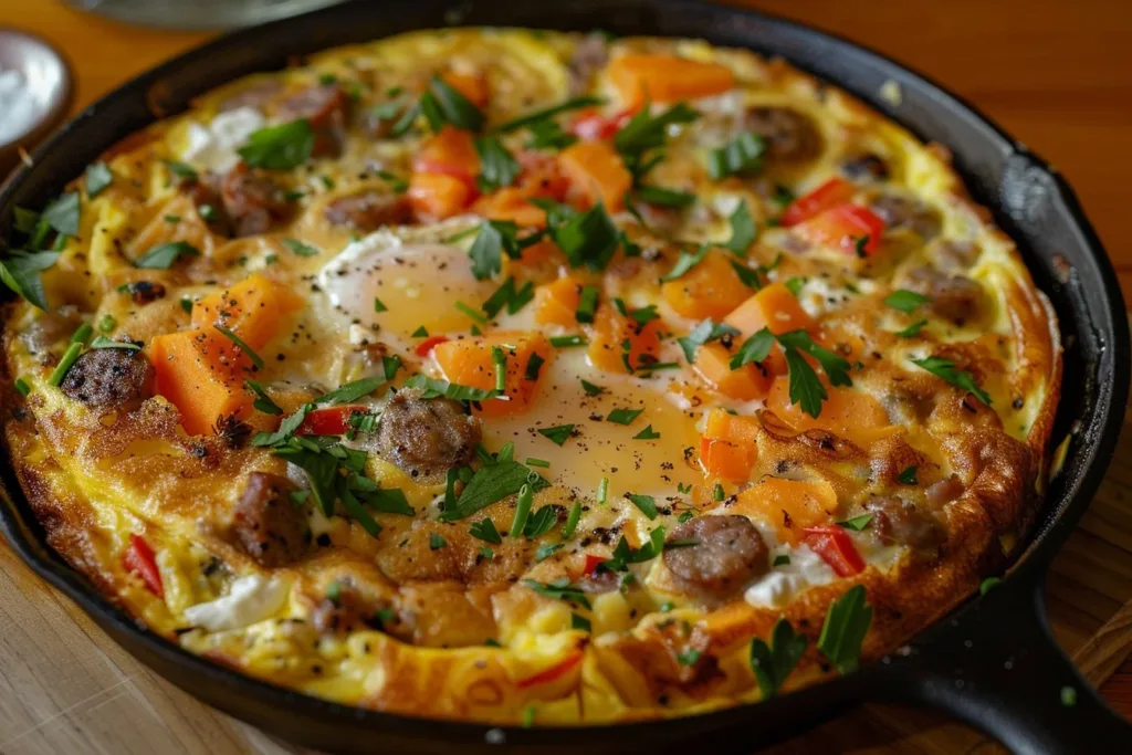Butternut Squash and Sausage Frittata topped with Ricotta cheese