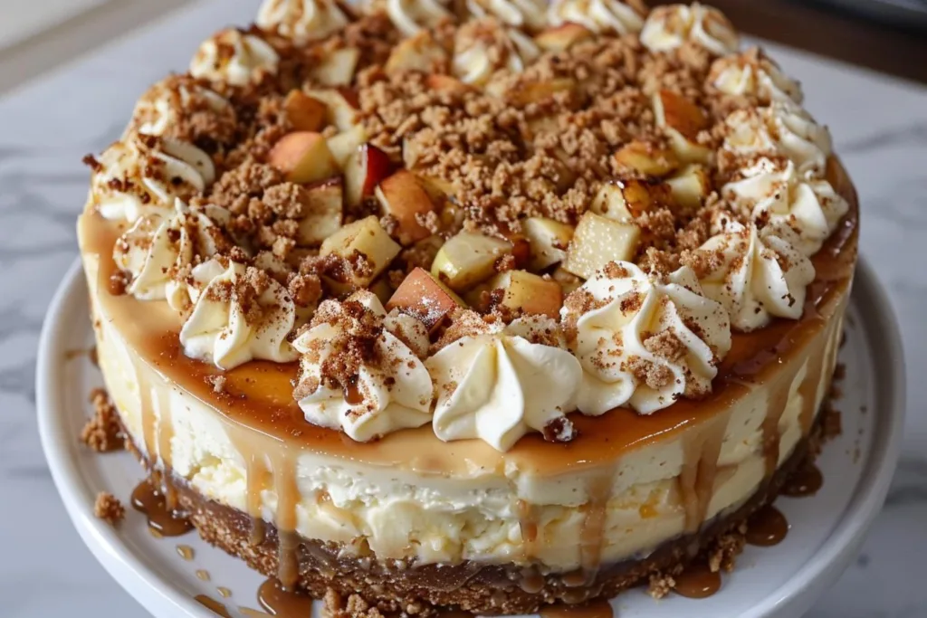 Delicious Caramel Apple Cheesecake topped with caramel drizzle and apple slices.