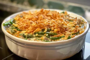 Cheddar Bay Green Bean Casserole with vibrant green beans and cheddar biscuits