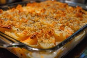 Delicious cheesy potato casserole served in a baking dish