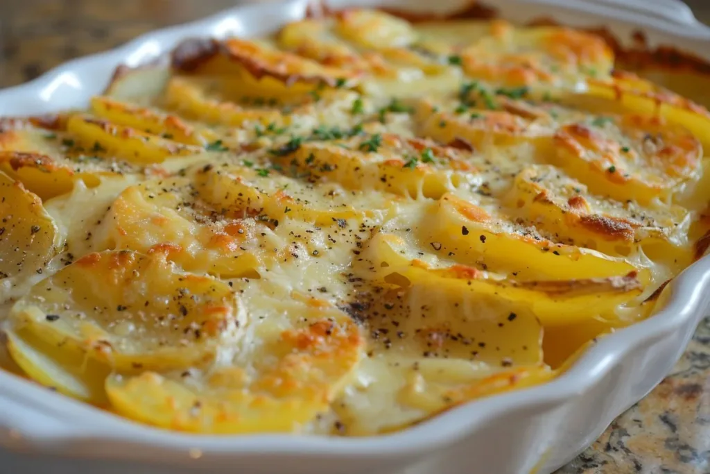 Baked cheesy scalloped potatoes served in a dish, golden and creamy