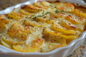 Baked cheesy scalloped potatoes served in a dish, golden and creamy