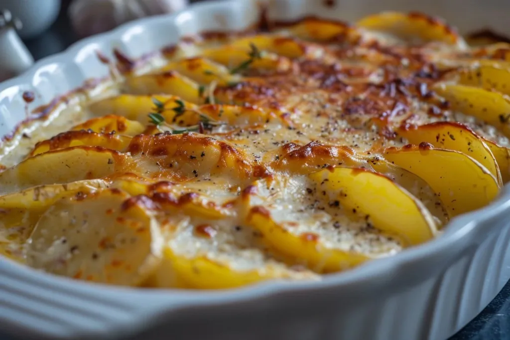 A delicious dish of cheesy scalloped potatoes baked to golden perfection.