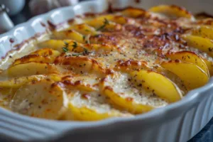 A delicious dish of cheesy scalloped potatoes baked to golden perfection.