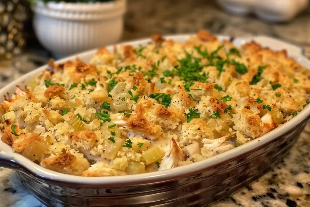 Delicious Chicken and Stuffing Casserole prepared in a baking dish.