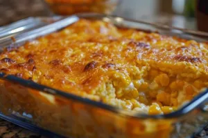 Delicious corn casserole served in a baking dish, topped with cheese and herbs