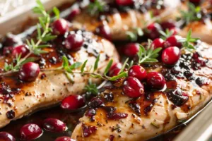 Delicious Cranberry Balsamic Chicken served on a plate with garnishes.