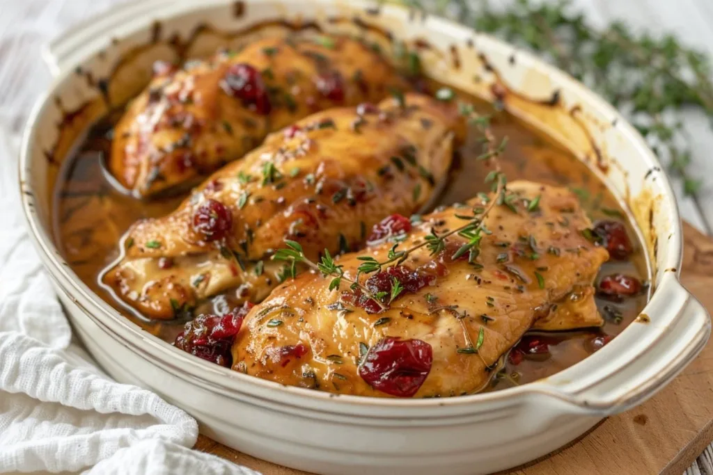 Delicious cranberry chicken served with fresh herbs and a side of vegetables