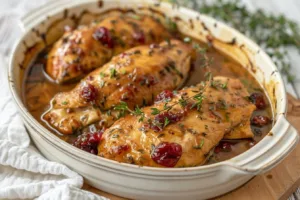 Delicious cranberry chicken served with fresh herbs and a side of vegetables