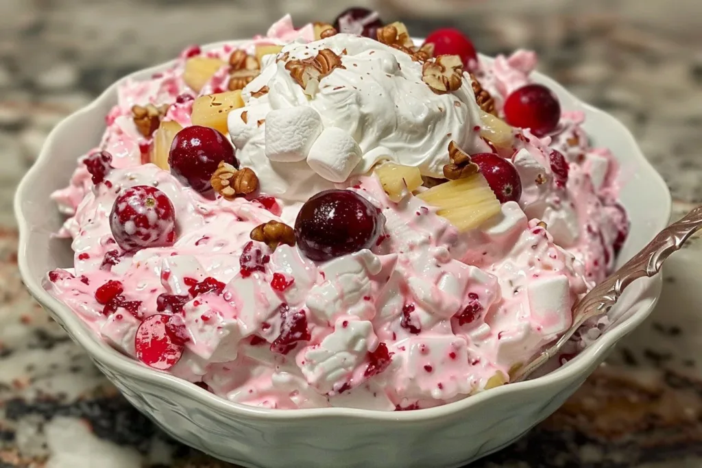 Cranberry Fluff Salad in a bowl, showcasing its fluffy texture and vibrant colors.