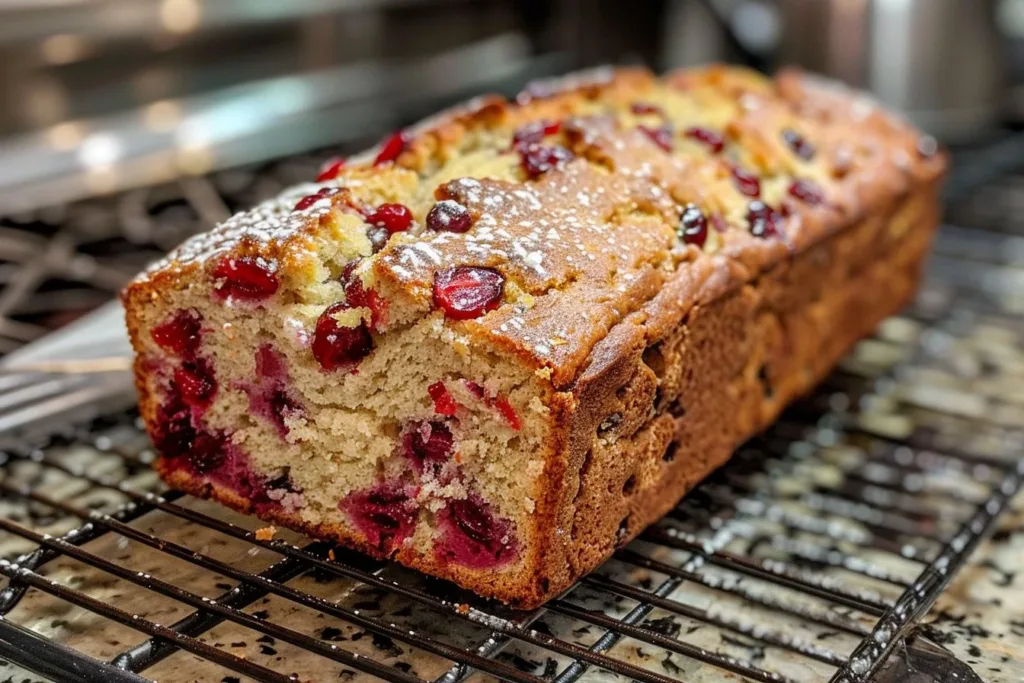 Sliced Cranberry Orange Bread on a wooden cutting board