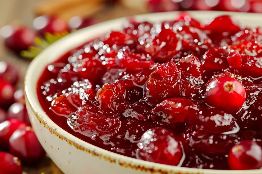 Delicious homemade cranberry sauce in a glass bowl