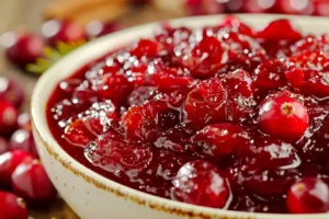 Delicious homemade cranberry sauce in a glass bowl