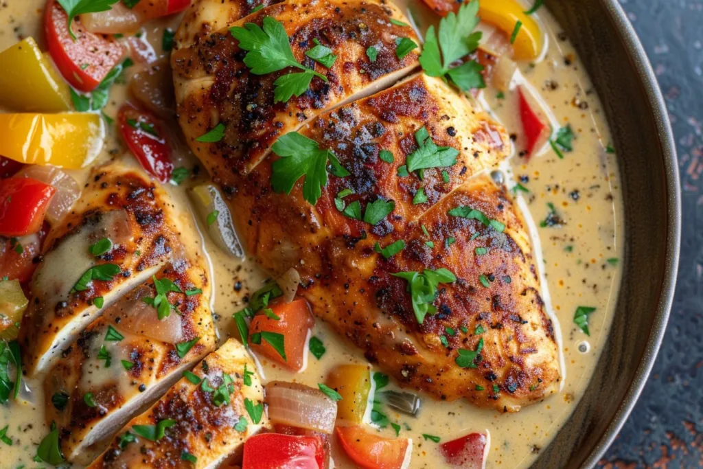 Creamy Cajun chicken dish served on a plate with herbs and spices