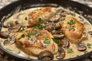 Delicious creamy chicken and mushroom dish served in a bowl