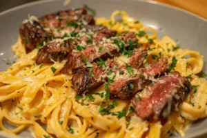Creamy Tangy Buffalo Cheddar Steak Pasta garnished with fresh herbs