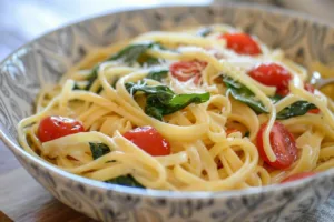 Delicious creamy Tuscan linguine served in a bowl with fresh basil.