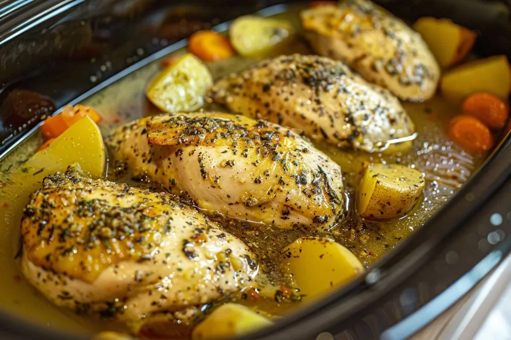 Deliciously cooked Crockpot Chicken ready to serve with herbs and spices.