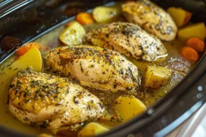 Deliciously cooked Crockpot Chicken ready to serve with herbs and spices.