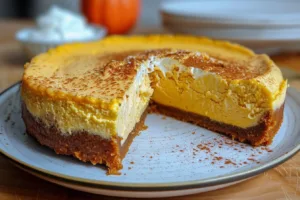 Delicious pumpkin cheesecake slice topped with whipped cream and spices