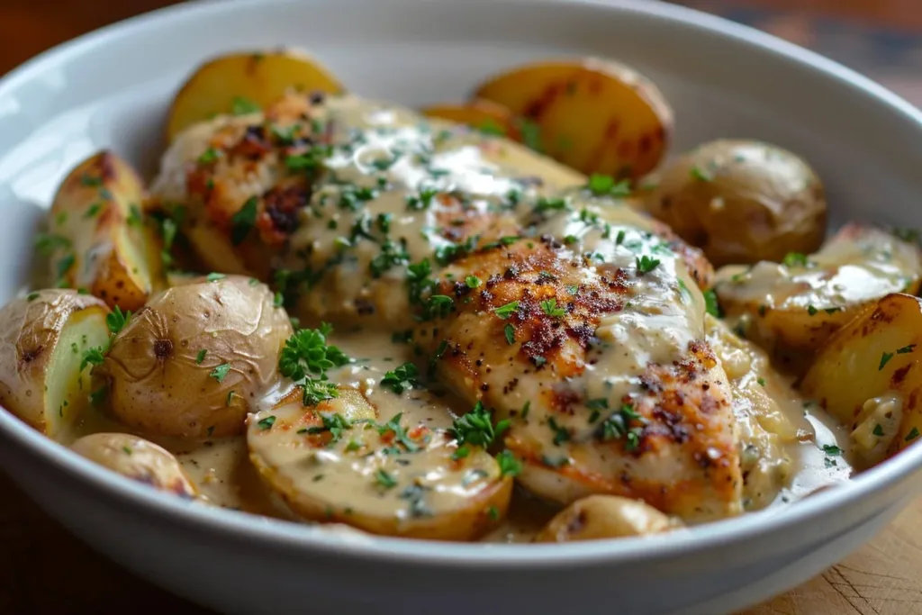 Creamy Dijon chicken served with potatoes in a delicious meal