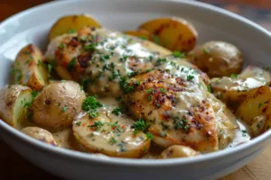 Creamy Dijon chicken served with potatoes in a delicious meal