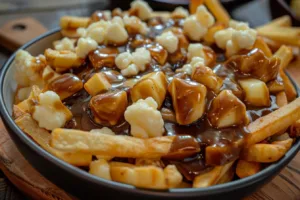 Delicious easy poutine topped with cheese curds and brown gravy