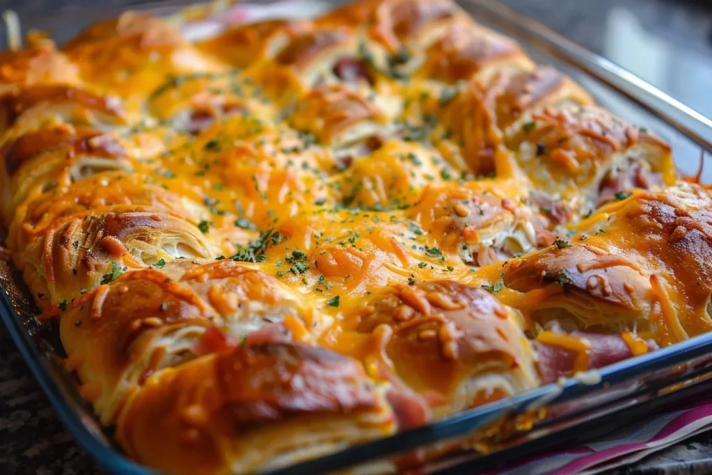 Easy Reuben casserole crescent bake with layers of corned beef, sauerkraut, and cheese.