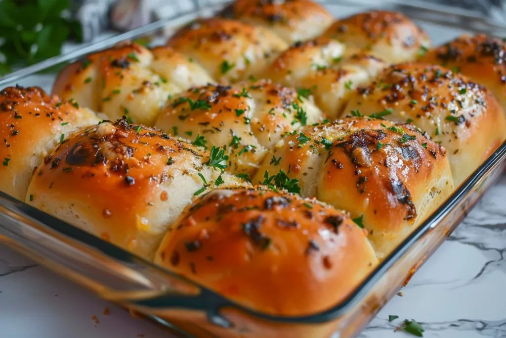 Golden brown garlic bread rolls fresh out of the oven, garnished with herbs.