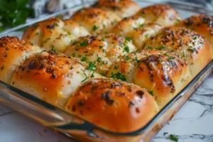 Golden brown garlic bread rolls fresh out of the oven, garnished with herbs.
