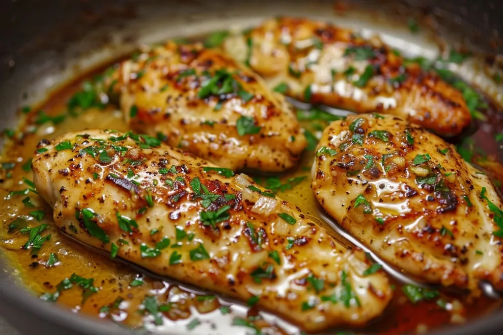 Plate of Garlic Butter Chicken with herbs and butter sauce
